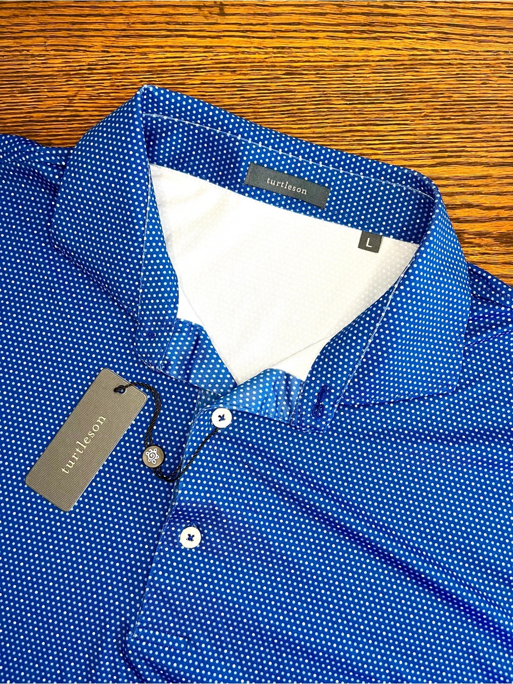 Turtleson Mens Size L Golf Polo Polka Dot Blue Stretch USAM Tour New NWT